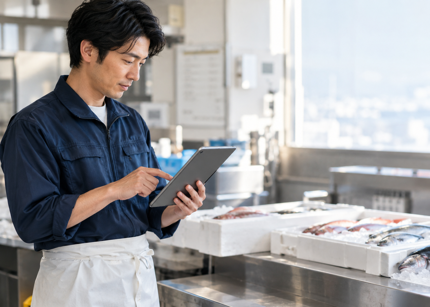 AX支援：タブレットで受発注を確認する厨房スタッフ